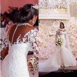 Vintage African Lace Mermaid Wedding Dress Crystals Beaded Appliques Tulle Long Sleeve Formal Bridal Gowns Buttons Sheer Back Long214S