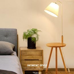 Floor Lamps Modern LED Wood Fabric Standing Lamp With Round Wooden Table Reading Lights Home Living Room Bedroom E27 Bulb