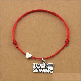 Charm Bracelets Personality I Love Sewing Cotton Reel Heart Red Rope Cord Handmade For Women Girls Best Friends Jewellery Gifts Drop Del Dhl2H