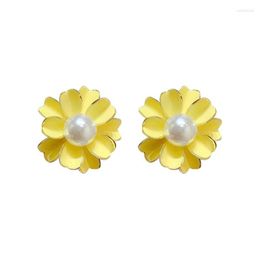 Stud Earrings Fashion Yellow Flower Simulated Pearl Golden Edge Alloy For Women Jewelry Accessories