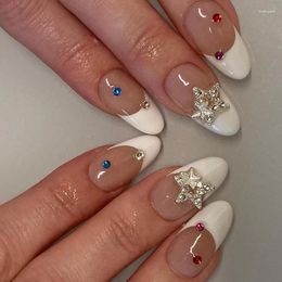 False Nails 24Pcs French Fake Nail Tips Almond With Star Shape Rhinestone Wearable Short Finished Press On Manicure