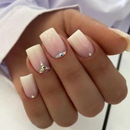 False Nails 24Pcs Gradient Milky White Simple Square Fake With Rhinestone Short French Press On Full Cover Nail Tips