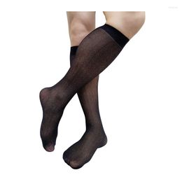 Men's Socks Knee High Mens Formal See Through Black Striped Dress Suit Sexy Stocking Lingerie Softy Breathable Business Hose