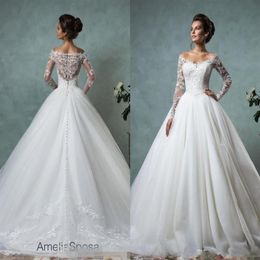 Vintage 2020 Amelia Sposa Wedding Dresses Long Sleeve V-Neck Appliques Lace Wedding Bridal Gowns Party Dress233W