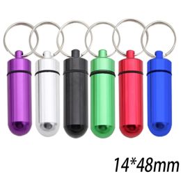 48*14mm Metal container keychain aluminum pill box holder Multifunction First Aid Key Chain Aluminum Bottles Keyring Seal Jar LL