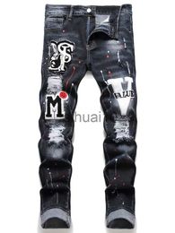 Men's Jeans Men Stretchy Ripped Skinny Biker Embroidery Cartoon Print Jeans Destroyed Hole Slim Fit Denim High Quality Hip Hop Black Jeans J230728