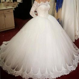 New Arrival Tiered Tulle Ball Gown Wedding Dresses Lace Beaded Crystals Long Sleeves Court Train Wedding Bridal Gowns For Bride210p