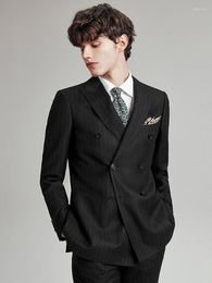 Men's Suits Wool For Men Double Breasted Formal Wedding Groom Wear Fashion Casual Black Stripe Blazer Pant Set 44A 56A Man Suit