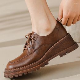 Dress Shoes Cow Genuine Leather Wedge Women Pumps Lace Up Casual Loafers Ladies Footwear Black Brown 2023 Spring Brand