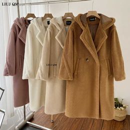 Women's Fur Faux Fur Plus size Long Hooded Teddy Jacket Wool Coat Women Winter 2022 Trendy Female Warm Overcoat Vintage Casual Loose Faux Fur Coats HKD230727