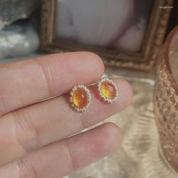 Stud Earrings S925 Silver Plating 14k Gold Artificial Tiger Eye Amber Chamomile Gem Light Luxury