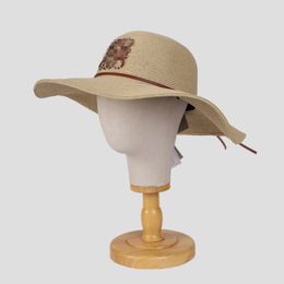 Trendy Women's Bucket Hats Wide Brim Straw Hats Summer Sun Visor Leather Geometric Embroidered Applique