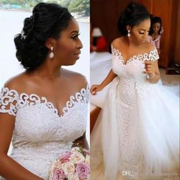African Nigerian Mermaid Wedding Dress With Detachable Train Lace Up Design Short Sleeve Bridal Gowns Dresses177i