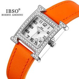 Other Watches IBSO 2023 New Luxury Women Rectangle Watches Japanese Quartz Movement Ultra-Thin 3ATM Waterproof Full Diamond Genuine Leather J230728