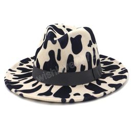 2023 New Wide Brim Cow Print Felt Fedora Hats Women Men Party Festival Fashion Jazz Cap Unisex Panama Style Hat