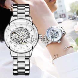 Other Watches Reloj Mujer Montre Femme 2023 Silver Women's Dress Watches Ladies Stainless Steel Strap Skeleton Automatic Mechanical Watches J230728