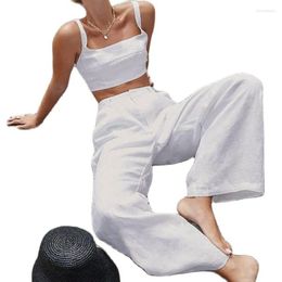 Women's Two Piece Pants White Linen Sets Summer Womens 2 Pieces Fashion Square Collar Sleeveless Crop Tops High Waist Pleated Long Suits