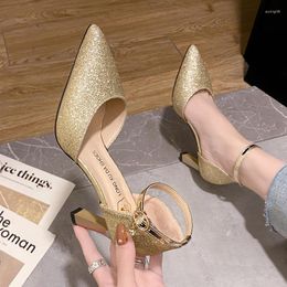 Dress Shoes 2023 Bling Gold Silver Women's Pumps Sexy Point Toe Thin Heel Party Wedding Woman Summer Ankle Strap High Heels