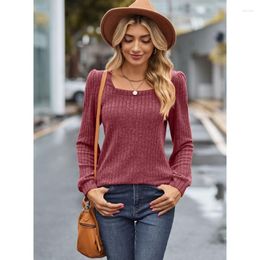 Men's Sweaters Women's 2023 Autumn Solid Stripe Brushed Square Neck Bubble Long Sleeve Top For Women Knittd Feamle Sweater Pullover Winter