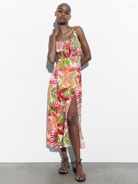 Casual Dresses 2023 Summer Fashion Fresh Temperament Sunshine Slit Square Neck Sling Printed Dress Women's Clothing