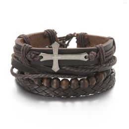 Charm Bracelets 5Pcs Vintage Multilayer Leather Braid Bangles Cross Handmade Rope Wrap Men Gift Jewlery