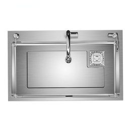 Kitchen Sink Large Single Tank 304 Stainless Steel Side Row Vegetable Wash Basin Household Understage Basin Waterfall Sinks