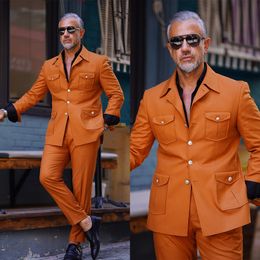 Orange Formal 2 Pieces Wedding Tuxedos Men Suits Notched Lapel Solid Colour Single Breasted Four Pockets Customise Coat Pants Fashion Formal Casual Prom Tailored