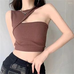 Women's Tanks Sexy Backless One Shoulder Knitted Tank Tops Women Summer High Street Y2k Clothes Sleeveless O-Neck Tube Crop Female