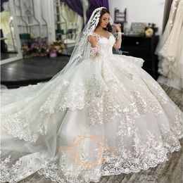 Gorgeous Lace Ball Gown Wedding Dresses Princess With Long Sleeve V-neck Ruffle Layers Chapel Train Bridal Dress Vestidos De Novia2354
