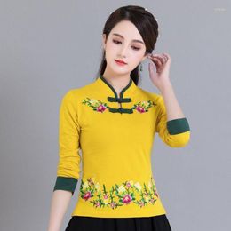 Ethnic Clothing Cheongsam Women's Plus Size Tops 2023 Cotton Blend Fabric Embroidery Splicing Stand Collar Chinese Style Qipao Shirts Woman