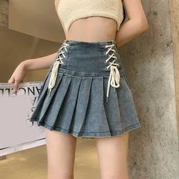 Denim Pleated Skirt Korean Fashion Women Bandage High Waist A-line Cute Fashion Cargo Jean Mini Skirt Summer Y2k Girl