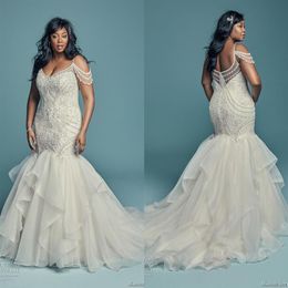 Stunning 2019 Mermaid Beaded Wedding Dresses Spaghetti Organza Crystal Bridal Gowns Plus Size V Neck Bridal Dress African Formal P284H