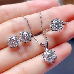 Necklace Earrings Set Simulated Moissanite Open Ring For Women Shiny Zircon Pendant Simple Ear Studs Temperament Jewellery 3 Pieces