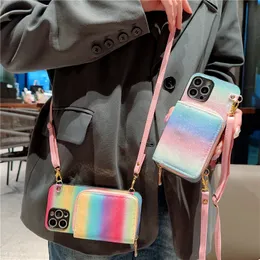 Luxury Crossbody Glitter Rainbow Folio Vogue Phone Case for iPhone 14 13 12 Pro Max Samsung Galaxy S22 S21 Ultra S23 A04S A14 A53 A33 5G A23 A73 Shiny Zipper Wallet Shell