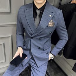 Men's Suits (Blazer Vest Pants) Boutique Fashion Business Italian-style Double Breasted Striped Casual Wedding Formal 3-piece