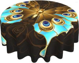 Table Cloth Gold Butterfly Round Decorated With Turquoise On A Black Background Luxury Oriental Style Polyester 60"