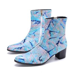 Rock Personality Men's Genuine Leather Ankle Boots for Party and Wedding Botas Hombre 7.5cm High Heels Blue Boots Men