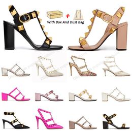 2023 luxury womens heel Sandals Valentine's high pink heels Stiletto kitten Open toe Slingback gold black sliver rivets Sandal Slides Pointed-Toe Party dress shoes