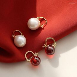 Hoop Earrings 925 Sterling Silver Natural Ruby Red Garnet & Pearl For Women Wedding Engaged Christmas Party Fine Jewelry