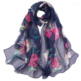 Scarves Chiffon Florak Print Silk Scarf Fashion Women Roses Printing Long Soft Wrap Simulation Shawl Beach