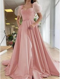 Party Dresses A-Line Prom Elegant Ladies Engagement Sweep / Brush Train Short Sleeve Scoop Neck Satin With Pleats Slit 2023 Evening