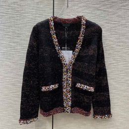 23 FW Kadın Sweaters Örgü Tasarımcı Tops Çok renkli kristal boncuklar örgü pist marka tasarımcısı üst yün karışımı gömlek yüksek uç esneklik dış giyim örgüsü