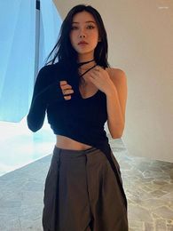 Women's T Shirts Backless Long Sleeve Casual Aesthetic T-shirt Hollow Out Lace-Up Y2k Top Women Clothes O-Neck Super-Short Black Ropa De