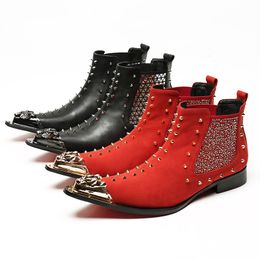 Men Western Style Pointed Toe Leather Short Boot Men Bar, DJ, Stage Party Boots for Men Personality Rivets Knight Boot