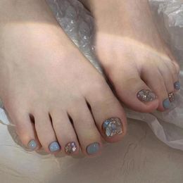 False Nails Summer //24pcs Glitter Lake Blue Fake Toenails With Glue And Wearing Tools Toenail Tips Full Cover Short Square Toe