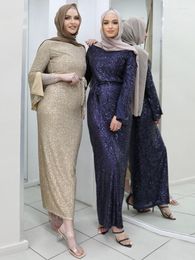 Ethnic Clothing Fashion Muslim Dress Women Abaya Dubai Turkey Sequins Solid Colour Lace-up Long Sleeve Hijab Dresses Kaftan Robe Elegante