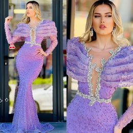 Gorgeous Purple Mermaid Evening Dresses Off Shoulder Long Sleeve Beaded Ruched Women Evening Pageant Prom Gowns