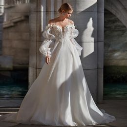 Modern Plummet Neck Spaghetti Strap A Line Wedding Dresses Transparent Sleeve With Lace Appliques Bridal Gown for Women