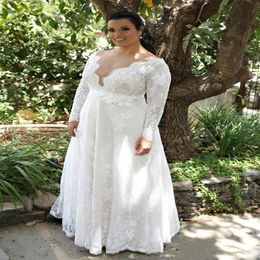 Sexy Deep V neck Country Wedding Dresses Plus size With Long Sleeves A line Lace Bodice Applique Garden Designer Wedding Bridal Go300a