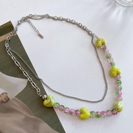 Charm Bracelets Harajuku Dopamine Y2K Heart Choker Necklace Fashion Jewelry Set Pink Cute Glass Bead Stretch For Women